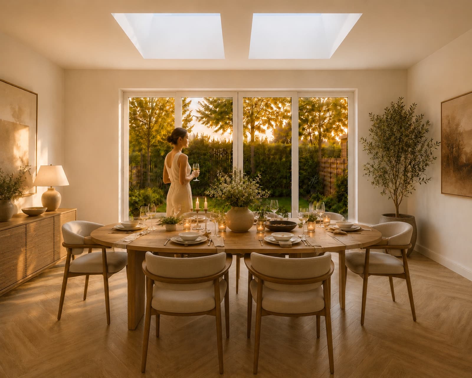 Eettafel in een prefab aanbouw met zicht op de tuin