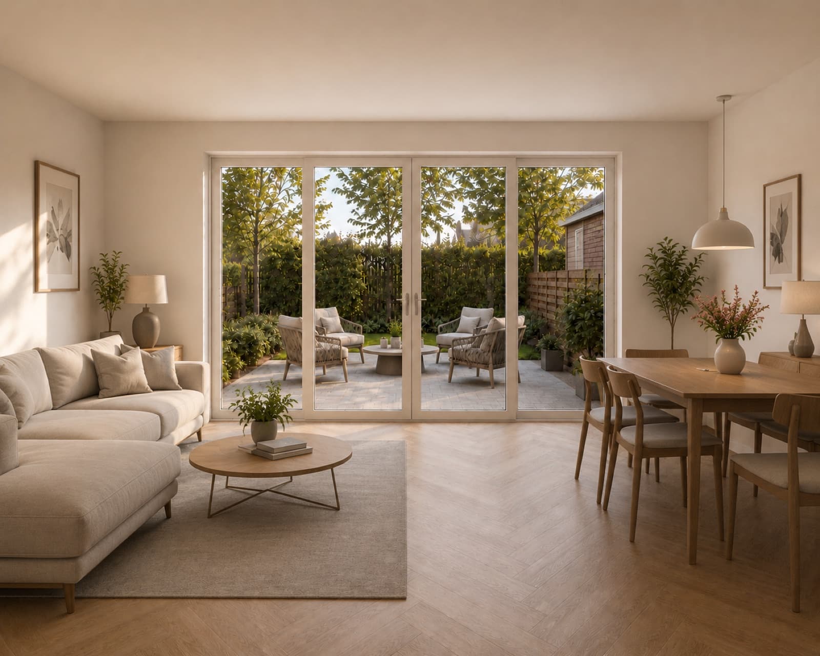 Interieur van een prefab aanbouw met zithoek en schuifpui naar de tuin
