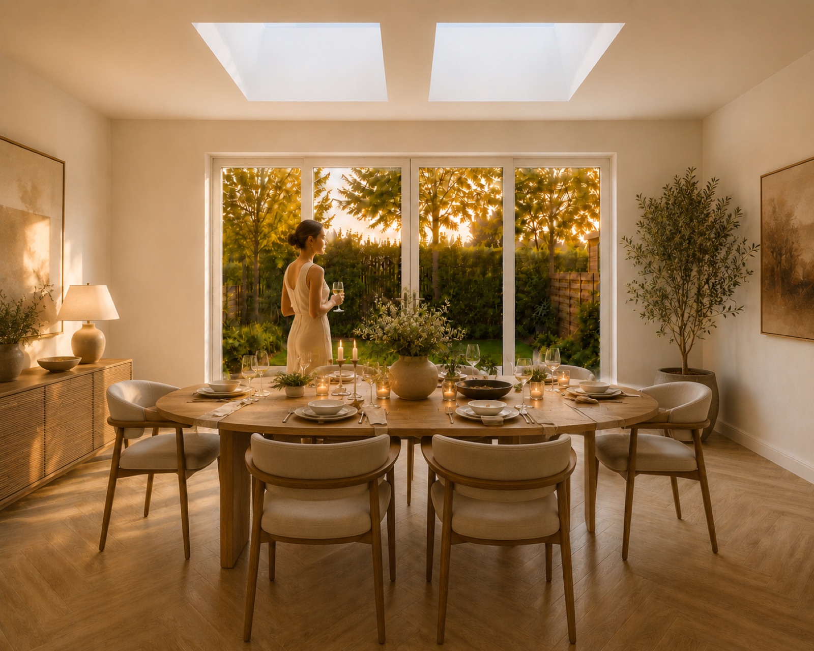 Dining table in a prefab home extension with a view of the garden