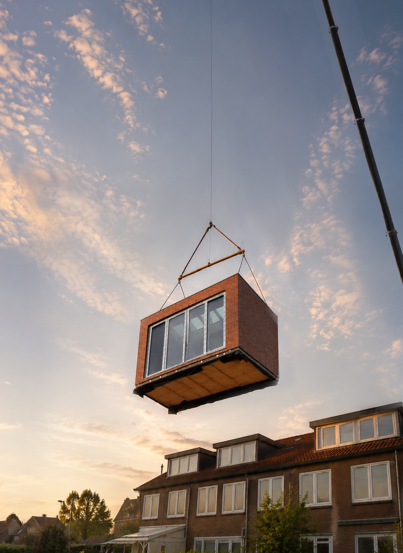 Prefab aanbouw module wordt met de kraan boven een woonwijk geplaatst in de avondzon