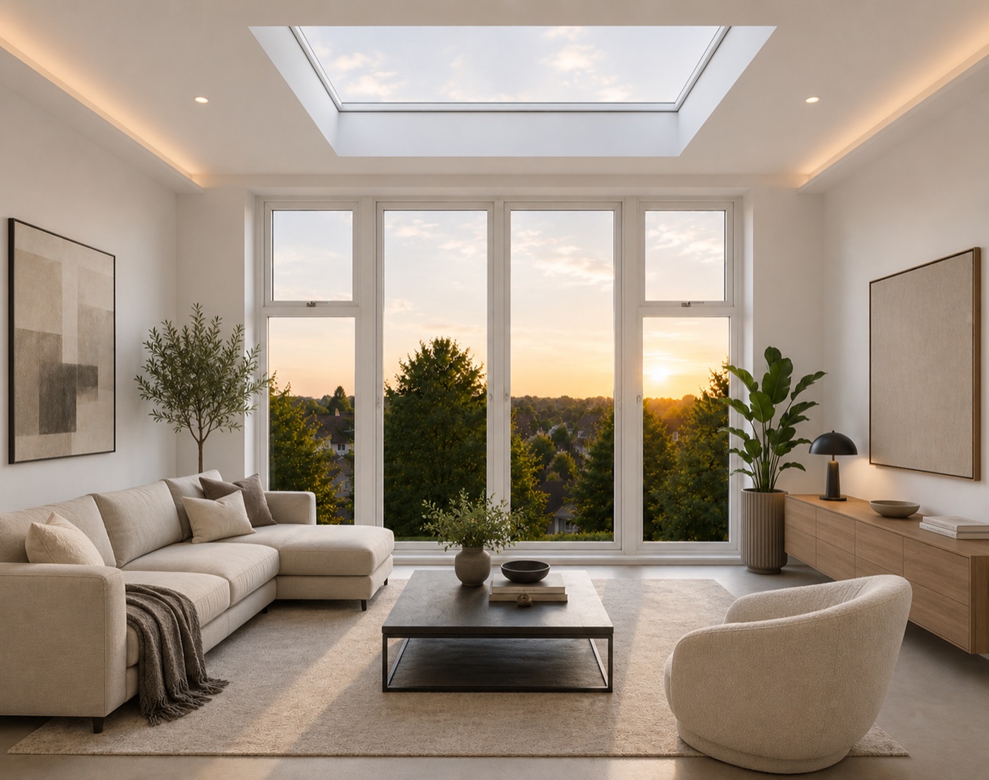 Bright interior of a prefab roof addition with views over the neighbourhood